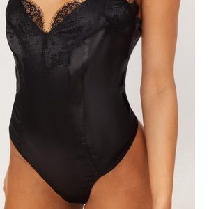 Black Eyelash Lace Trim Thong Bodysuit